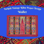 Turkish Vintage Kilim Prayer Rug Design Trifold Wallet<br><div class="desc">This bright colourful tribal design is taken from an original hand woven and timeless vintage kilim prayer rug. The kilim was woven in Turkey using vegetable dyes and hand spun wool. The colours are vibrant blues, dark navy blue, pink reds, orange, and off white. The unique design works beautifully on...</div>