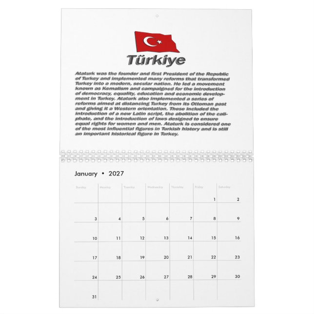 Turkiye Calender 100th anniversary of the Republic Calendar (Jan 2027)