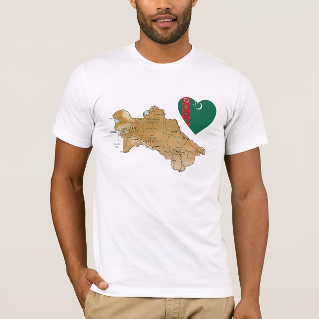 Turkmenistan Flag Heart and Map T-Shirt (Front)