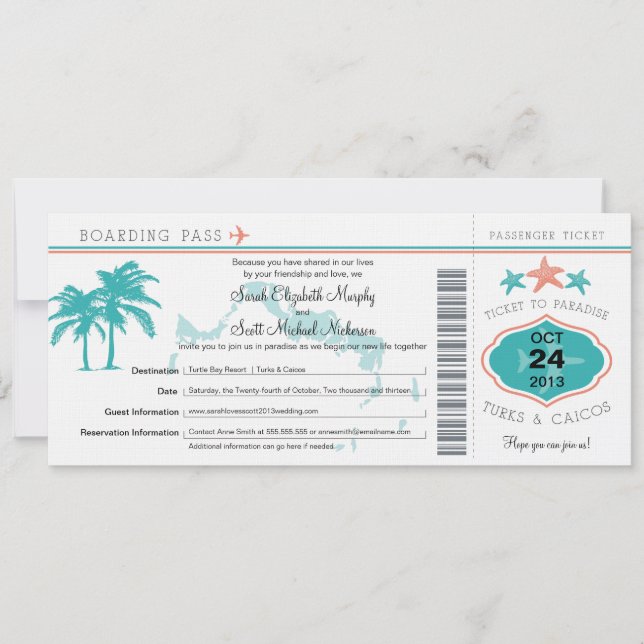 Turks & Caicos Save the Date Boarding Pass (Front)