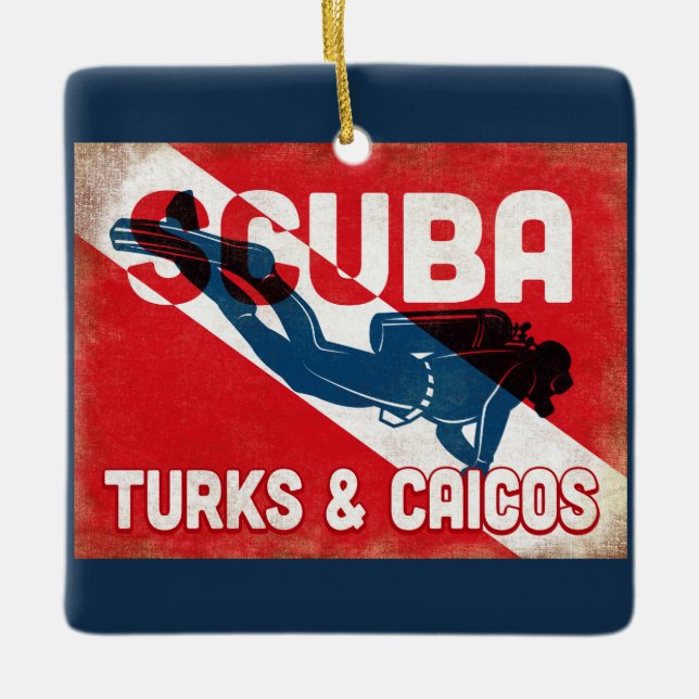 Turks & Caicos Scuba Diver - Blue Retro Ceramic Ornament (Front)
