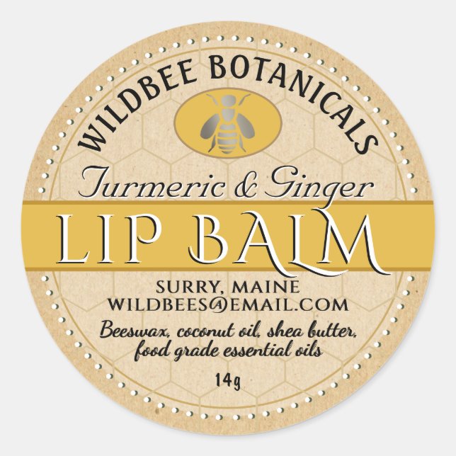 Turmeric Kraft Beeswax Lip Balm with Dotted Border Classic Round Sticker (Front)
