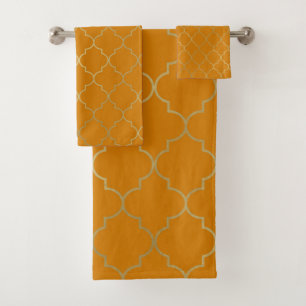 Turmeric Yellow & Gold Quatrefoil Pattern Bath Towel Set