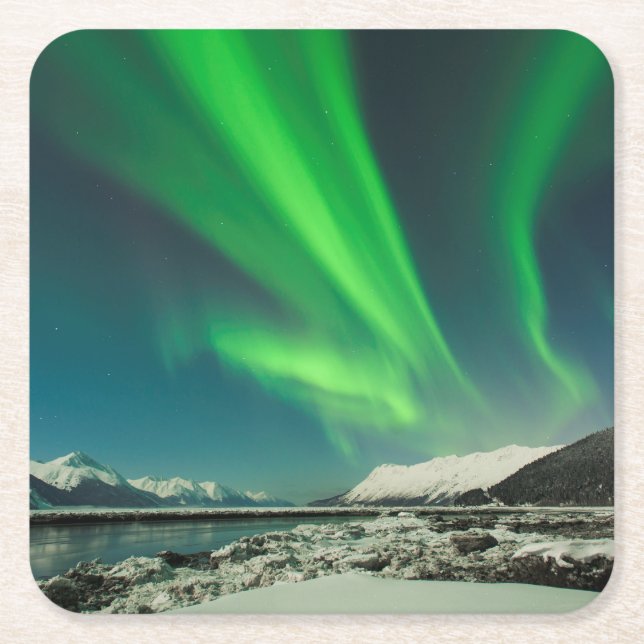 Turnagain Arm Aurora Square Paper Coaster (Front)