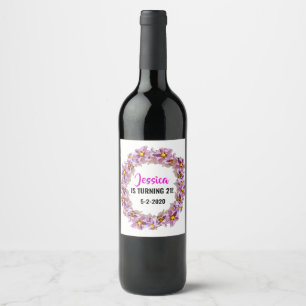 Turning 21 Pink, Purple and Blue Birthday Wine Label