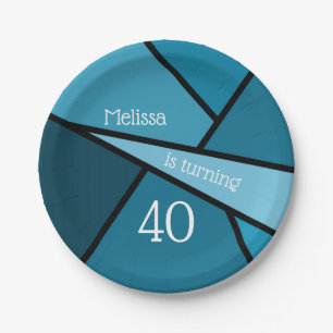 Turning 40 Modern Teal Geometric 40th Birthday Paper Plate