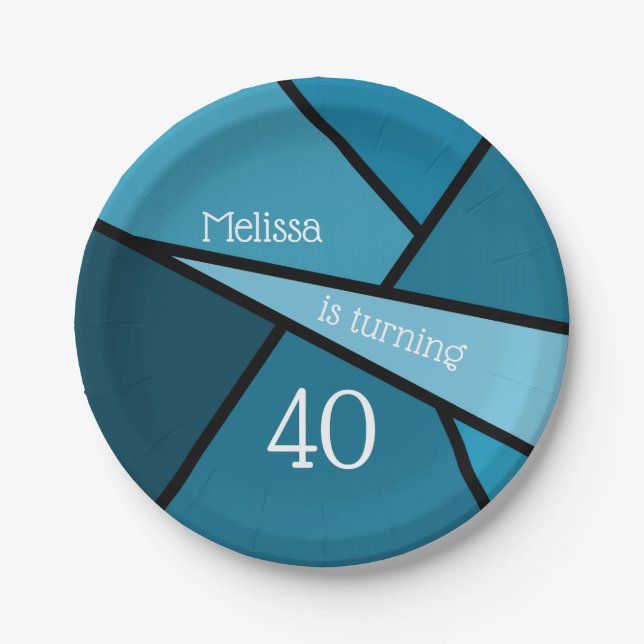 Turning 40 Modern Teal Geometric 40th Birthday Paper Plate (Front)