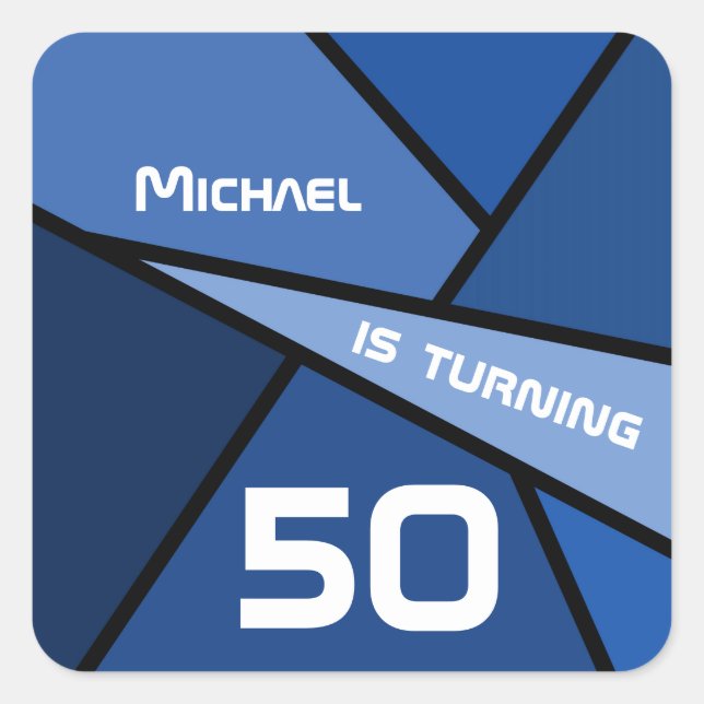 Turning 50 Blue Abstract Geometric 50th Birthday Square Sticker (Front)