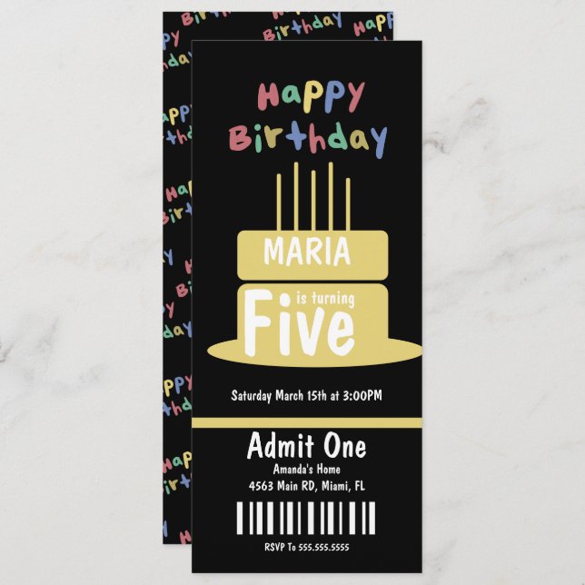 Turning Five Birthday Cake Ticket Party      Invitation (Front/Back)