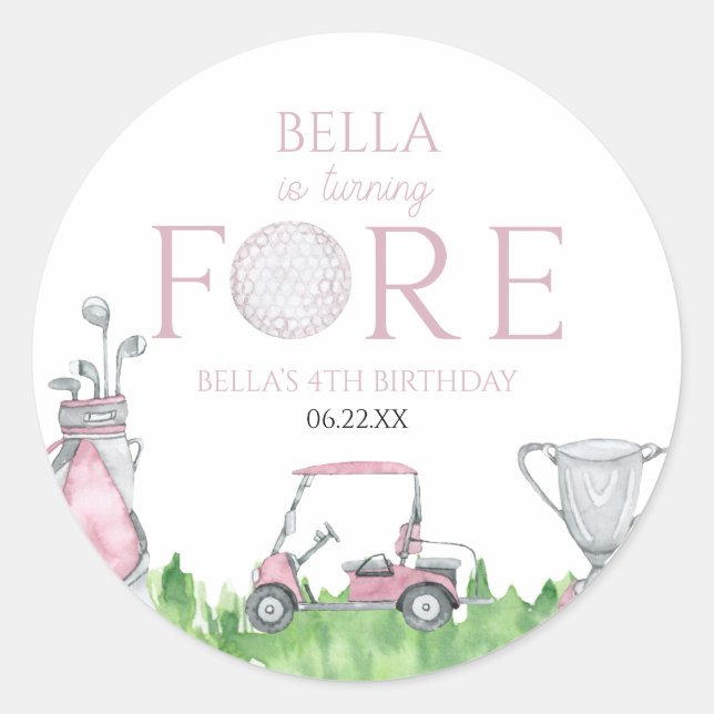 Turning Fore Pink Golf 4th Birthday Party Classic Round Sticker (Front)
