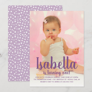 Turning One Purple Girls First Birthday Photo Invitation