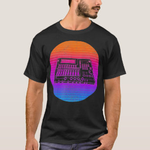 Turntable DJ mixer on vintage sunset graphic T-Shirt