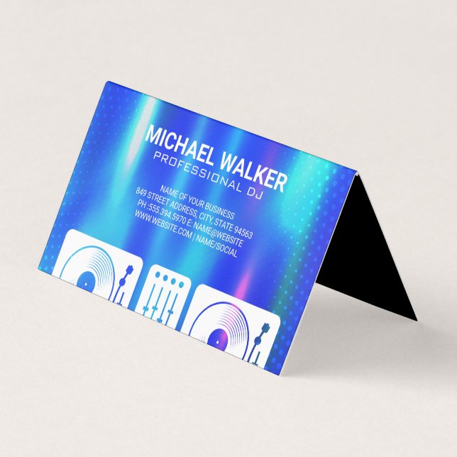 Turntables | DJ | Music | Blue Metallic Abstract Business Card (Front)
