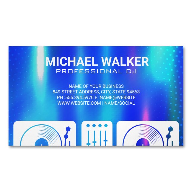 Turntables | DJ | Music | Blue Metallic Abstract Magnetic Business Card (Front)