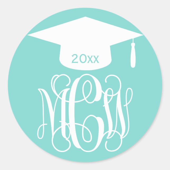 Turq Aqua Vine Script Monogram Graduation DIY BG Classic Round Sticker (Front)