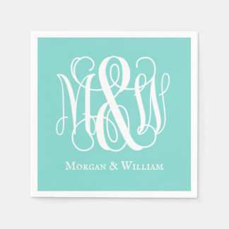 Turq Aqua White B&G Vine Script Monogram DIY BG Napkin
