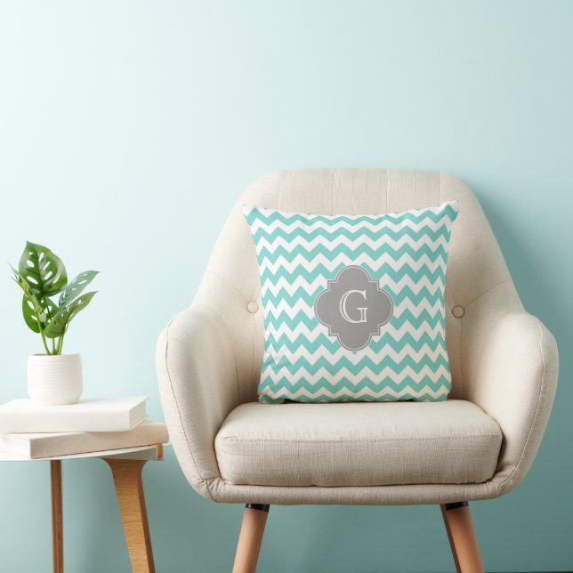 Turq / Aqua White Chevron Grey Quatrefoil Monogram Cushion (Chair)