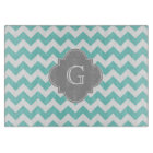 Turq / Aqua White Chevron Grey Quatrefoil Monogram