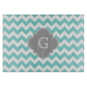 Turq / Aqua White Chevron Grey Quatrefoil Monogram Cutting Board