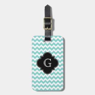 Turq / Aqua Wht Chevron Black Quatrefoil Monogram Luggage Tag