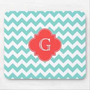 Turq / Aqua Wht Chevron Coral Quatrefoil Monogram Mouse Pad