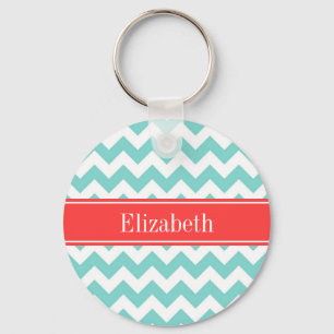 Turq / Aqua Wht Chevron Coral Red Name Monogram Key Ring