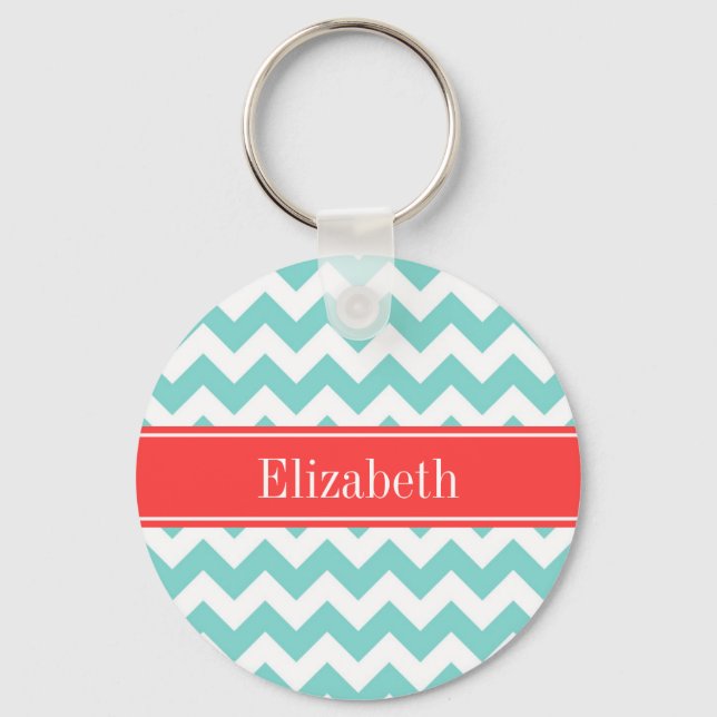 Turq / Aqua Wht Chevron Coral Red Name Monogram Key Ring (Front)