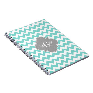 Turq / Aqua Wht Chevron Grey 3 Initial Monogram Spiral Notebook