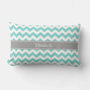 Turq / Aqua Wht Chevron Grey Name Monogram Lumbar Cushion