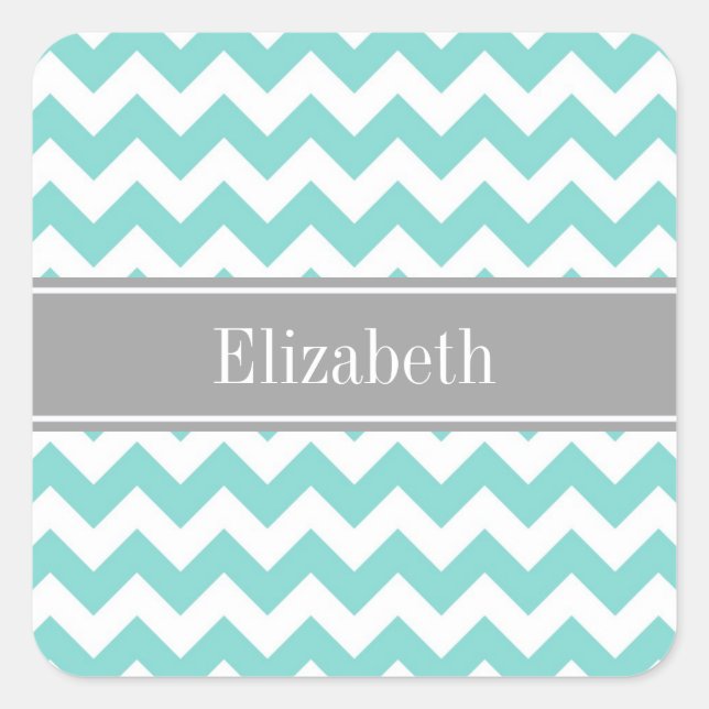 Turq / Aqua Wht Chevron Grey Name Monogram Square Sticker (Front)