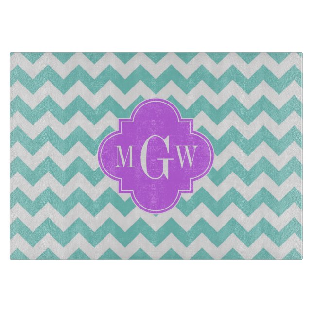 Turq / Aqua Wht Chevron Lilac 3 Initial Monogram Cutting Board (Front)