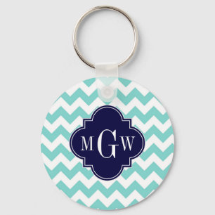 Turq / Aqua Wht Chevron Navy 3 Initial Monogram Key Ring
