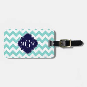 Turq / Aqua Wht Chevron Navy 3 Initial Monogram Luggage Tag