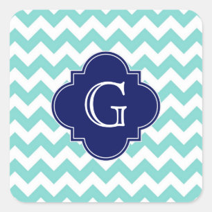 Turq / Aqua Wht Chevron Navy Quatrefoil Monogram Square Sticker