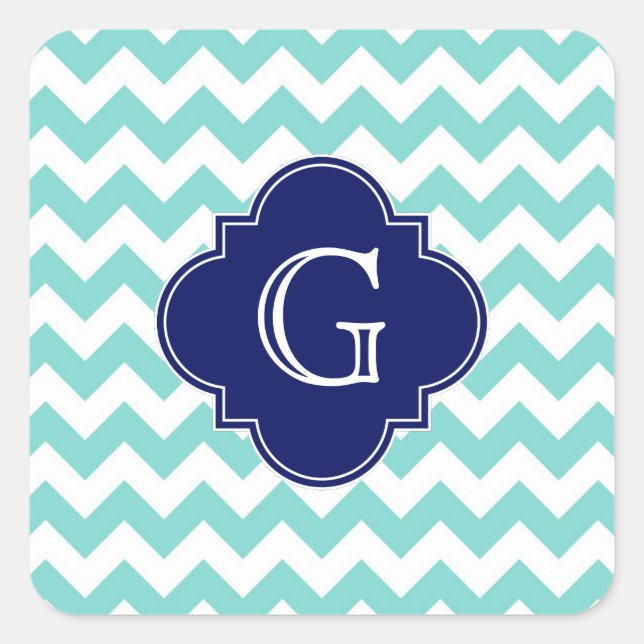 Turq / Aqua Wht Chevron Navy Quatrefoil Monogram Square Sticker (Front)