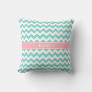 Turq / Aqua Wht Chevron Pink Name Monogram Cushion