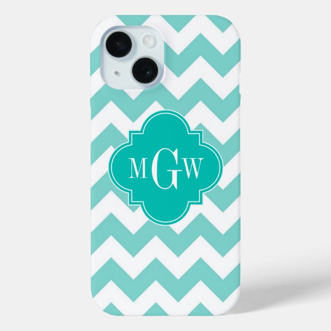 Turq / Aqua Wht Chevron Teal 3 Initial Monogram Case-Mate iPhone Case (Back)