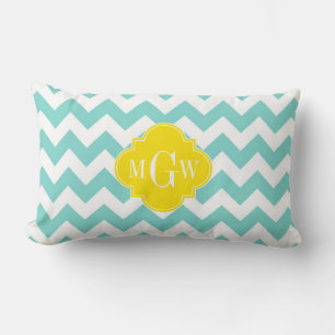 Turq / Aqua Wht Chevron Yellow 3 Initial Monogram Lumbar Cushion