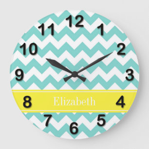 Turq / Aqua Wht Chevron Yellow Name Monogram Large Clock