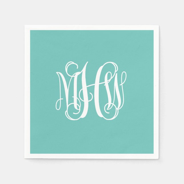 Turq White 3 Initial Vine Script Monogram DIY BG Napkin (Front)