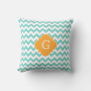 Turq Wht Chevron Cantaloupe Quatrefoil Monogram Cushion