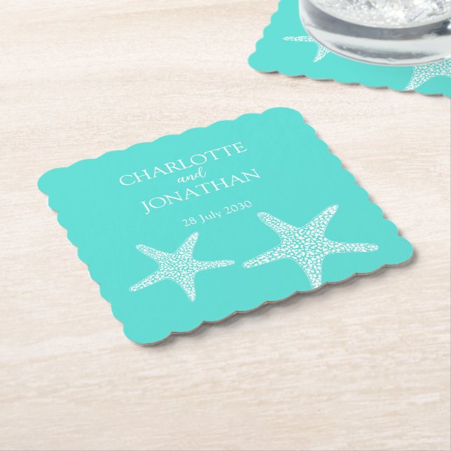 Turqoise Modern Tropical Starfish Beach Wedding    Paper Coaster (Angled)