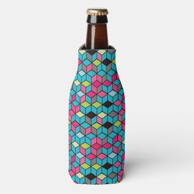 Turqouise and Pink Cube Pattern Bottle Cooler (Bottle Front)