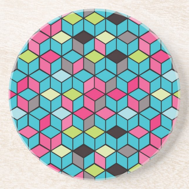 Turqouise and Pink Cube Pattern Coaster (Front)