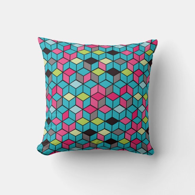 Turqouise and Pink Cube Pattern Cushion (Front)