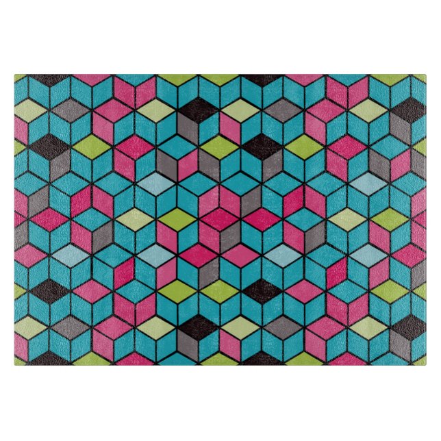 Turqouise and Pink Cube Pattern Cutting Board (Front)