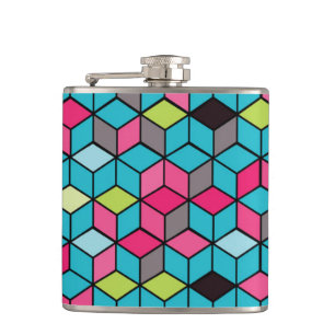 Turqouise and Pink Cube Pattern Hip Flask