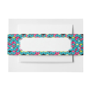 Turqouise and Pink Cube Pattern Invitation Belly Band