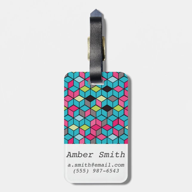 Turqouise and Pink Cube Pattern Luggage Tag (Back Vertical)
