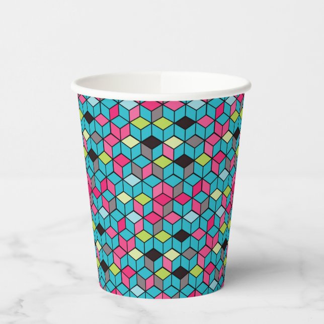 Turqouise and Pink Cube Pattern Paper Cups (Left)